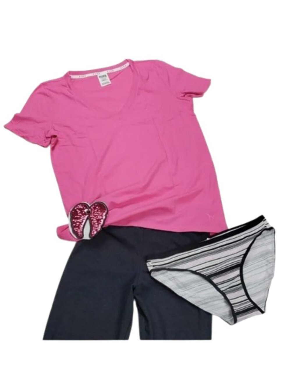 PINK Victoria's Secret Loungewear Set Tee Leggings Panties Hair Bow 4pc Bundle